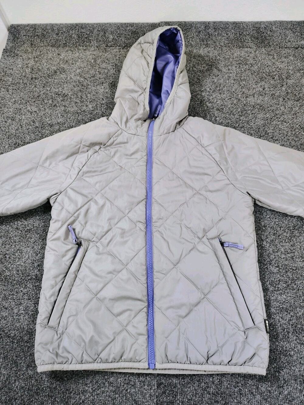 REI Co-Op Puffer Jacket Kids Medium 10-12 Gray Purple Hooded Down Outdoors